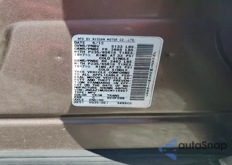 2012 Nissan Murano S из США, поврежденный, VIN JN8AZ1MU5CW118967